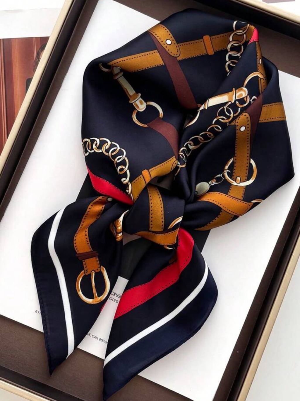 Navy Blue Chain Print Silk Scarf